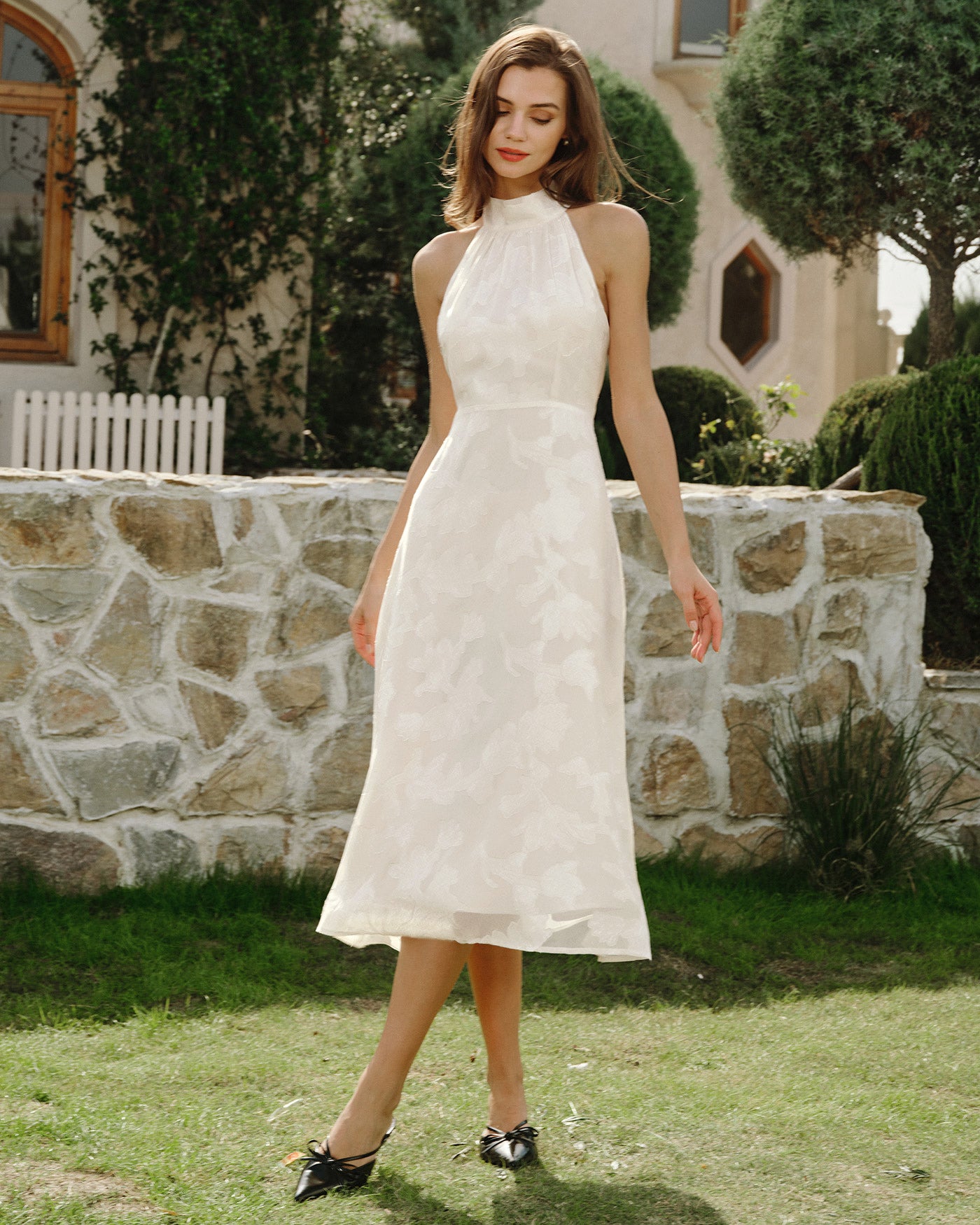 Rihoas Floral Jacquard Halter Midi Dress | Bowknot Ruched Sheath for Formal, Cocktail, Summer Events, Beige / S Rihoas Floral Jacquard Halter Midi Dress | Bowknot Ruched Sheath for Formal, Cocktail, Summer Events, Beige / S