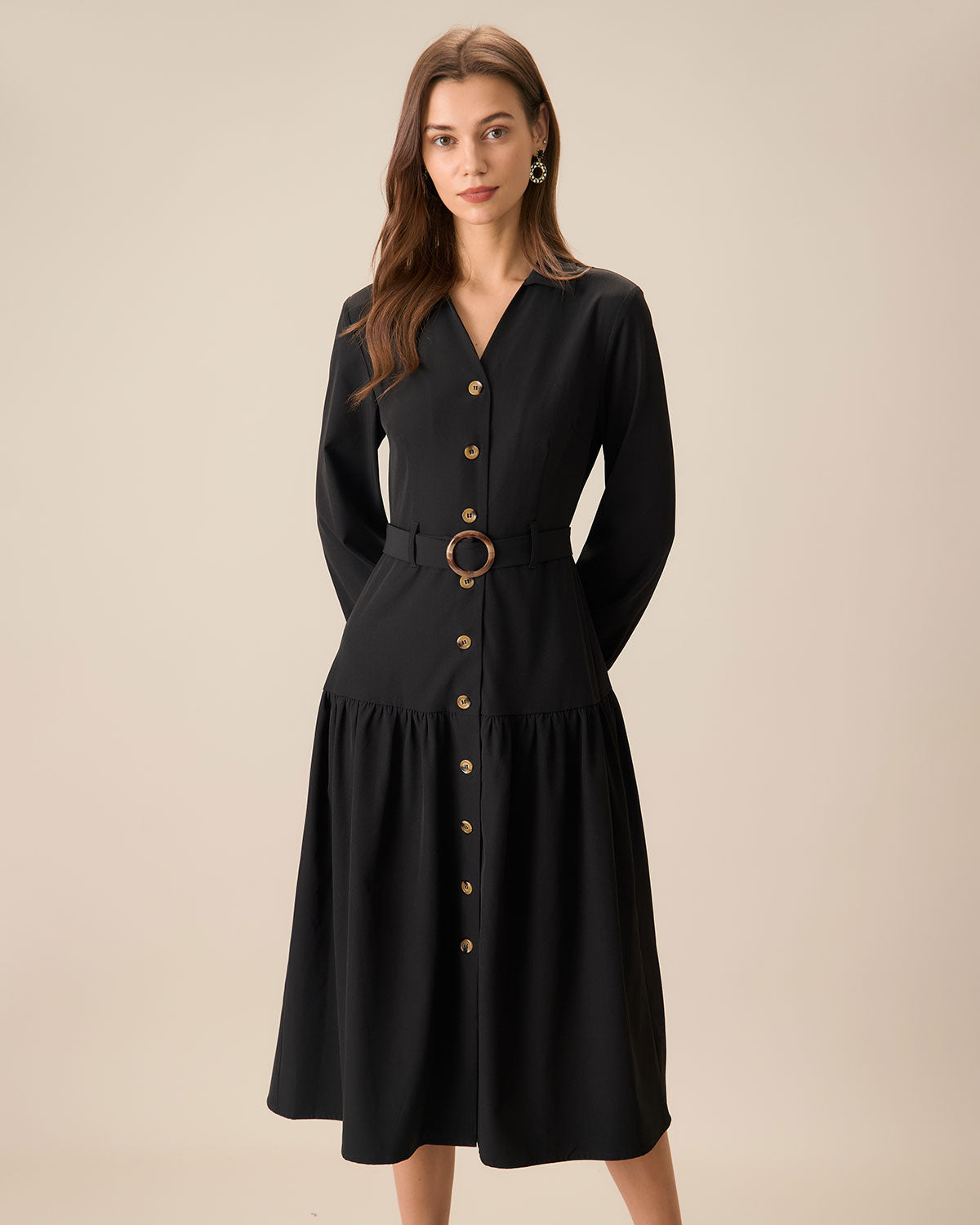 Women's Black V Neck Belted Midi Dress - M