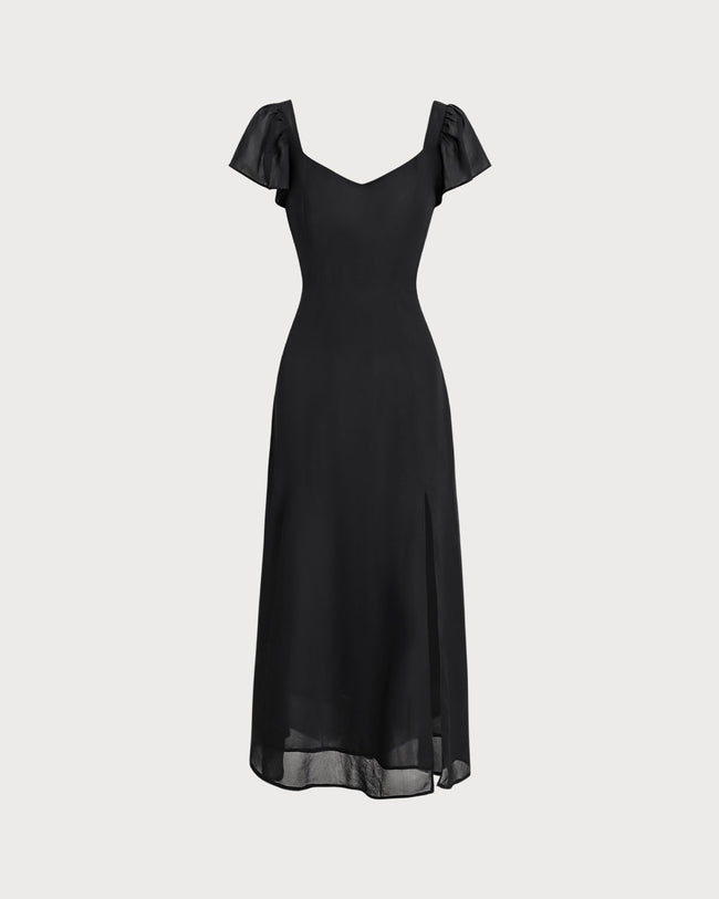 Black Sweetheart Neck Chiffon Maxi Dress - RIHOAS