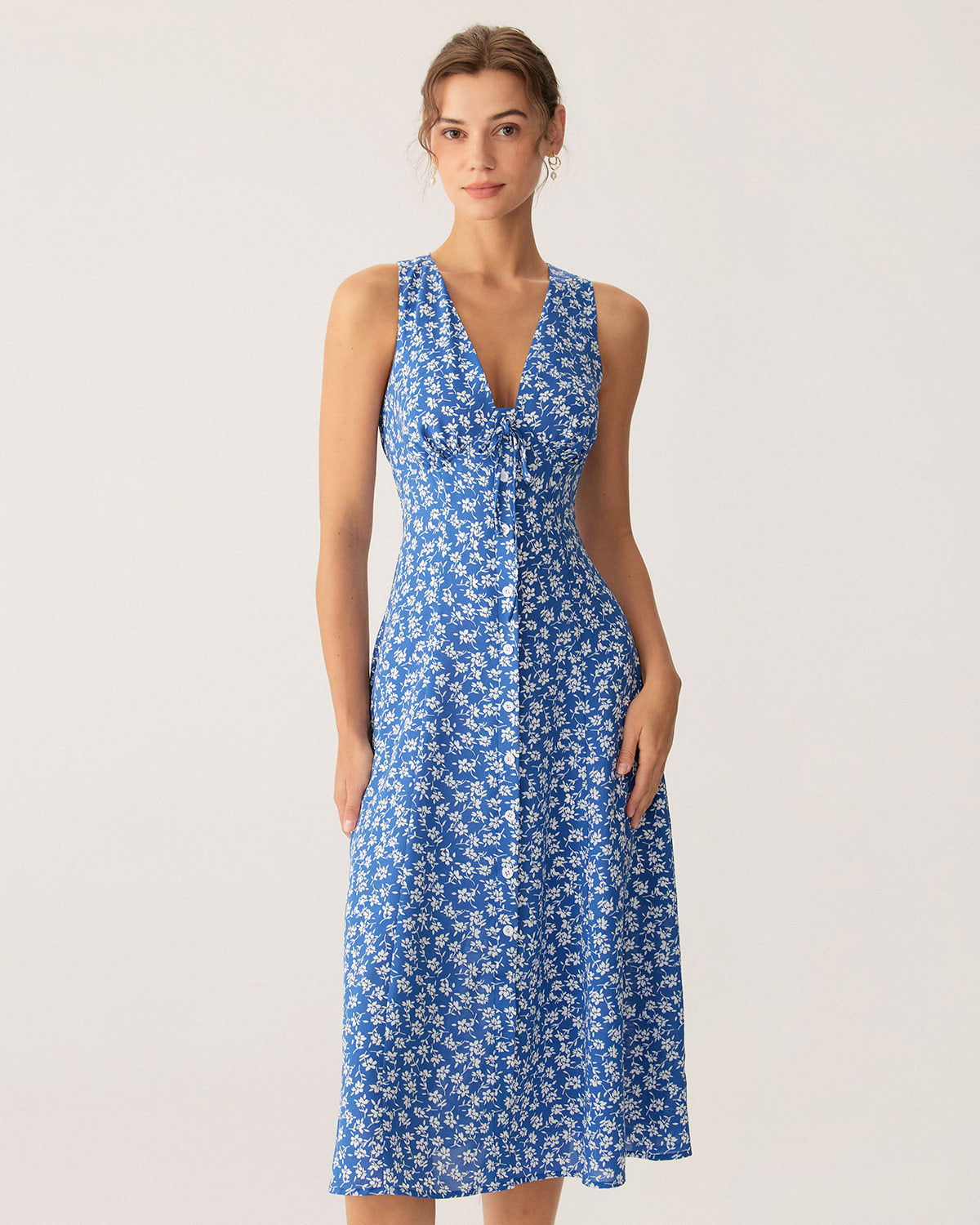 Blue Floral V Neck Sleeveless Midi Dress