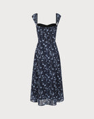Navy Floral Sweetheart Neck Midi Dress