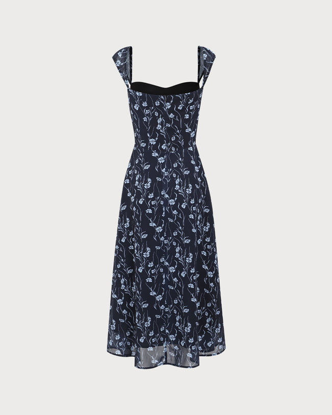 Navy Floral Sweetheart Neck Midi Dress & Reviews - Navy