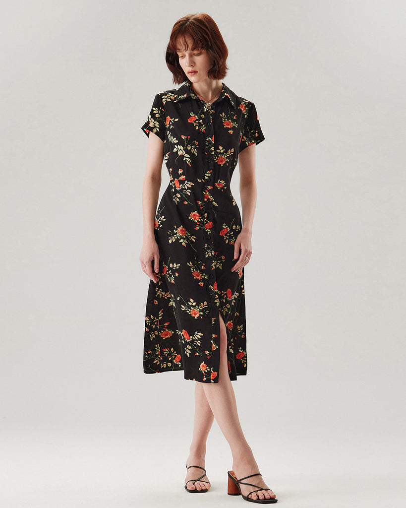 Black Floral Button A-Line Midi Dress - RIHOAS