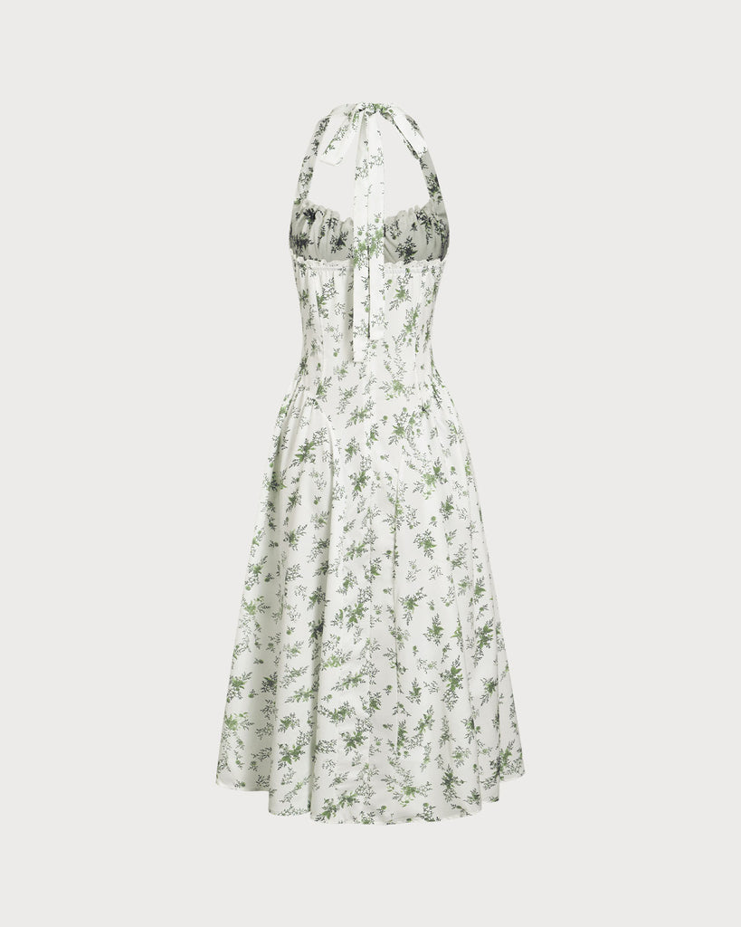 Green Floral Ruched Lace Halter Midi Dress