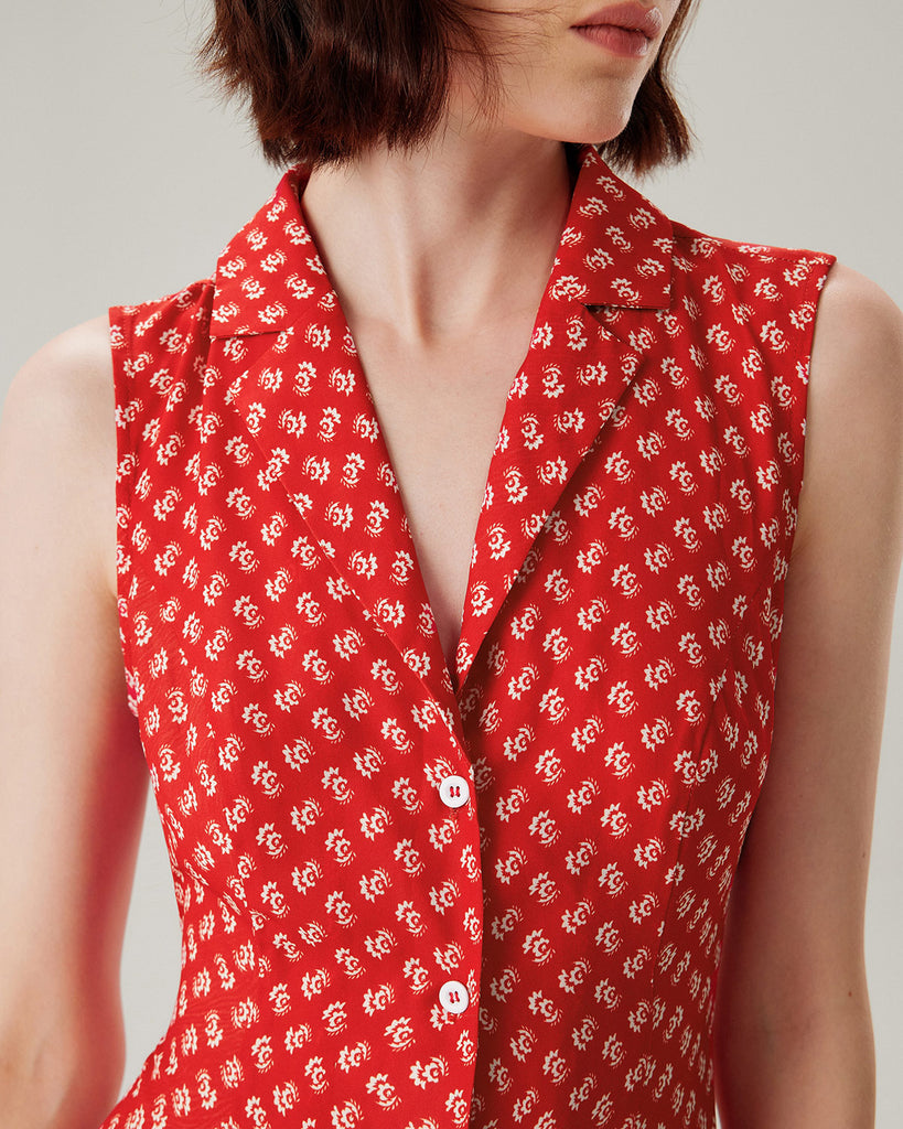 Red Floral Button Sleeveless Maxi Dress - RIHOAS
