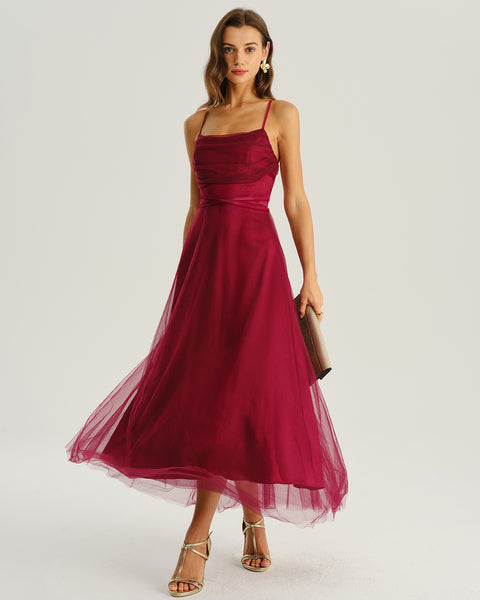 green emerald velvet dress Rihoas Cowl Neck Tulle Midi Dress in Burgundy
