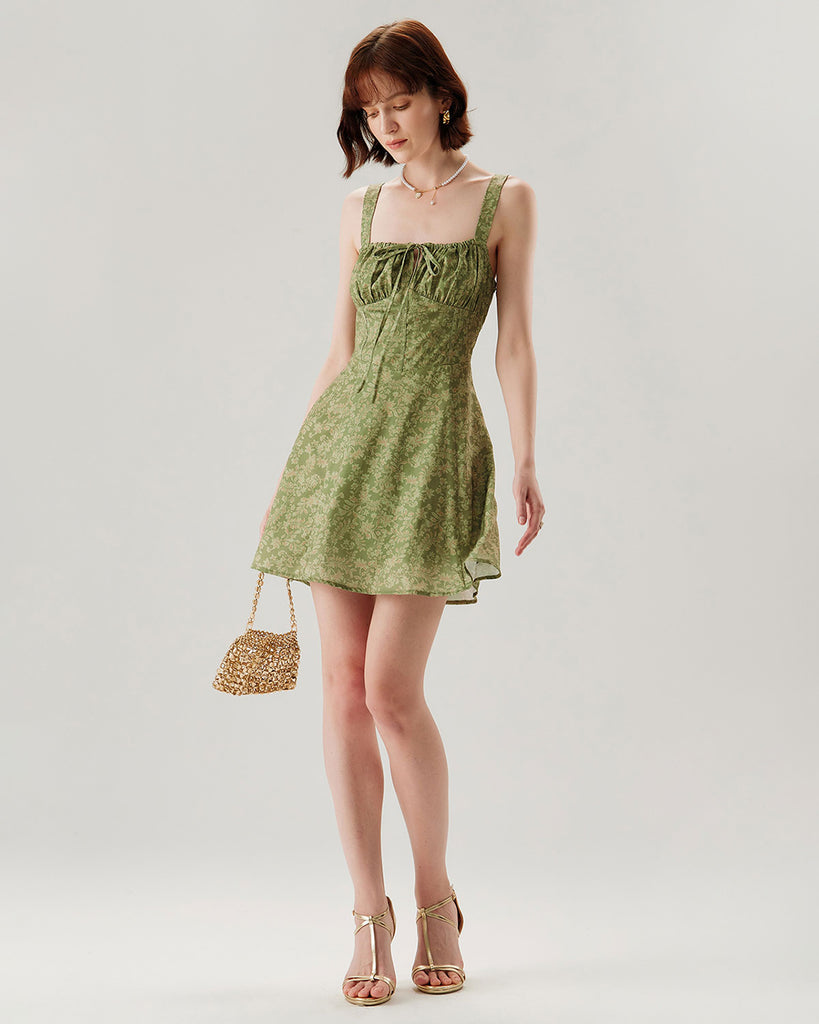Green Floral Ruched Slip Mini Dress - RIHOAS