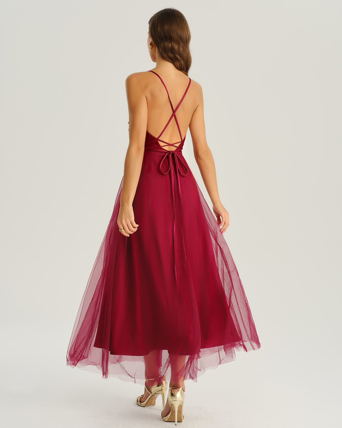 Rihoas Cowl Neck Tulle Midi Dress in Burgundy
