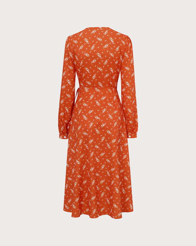 Orange Floral Wrap Midi Dress