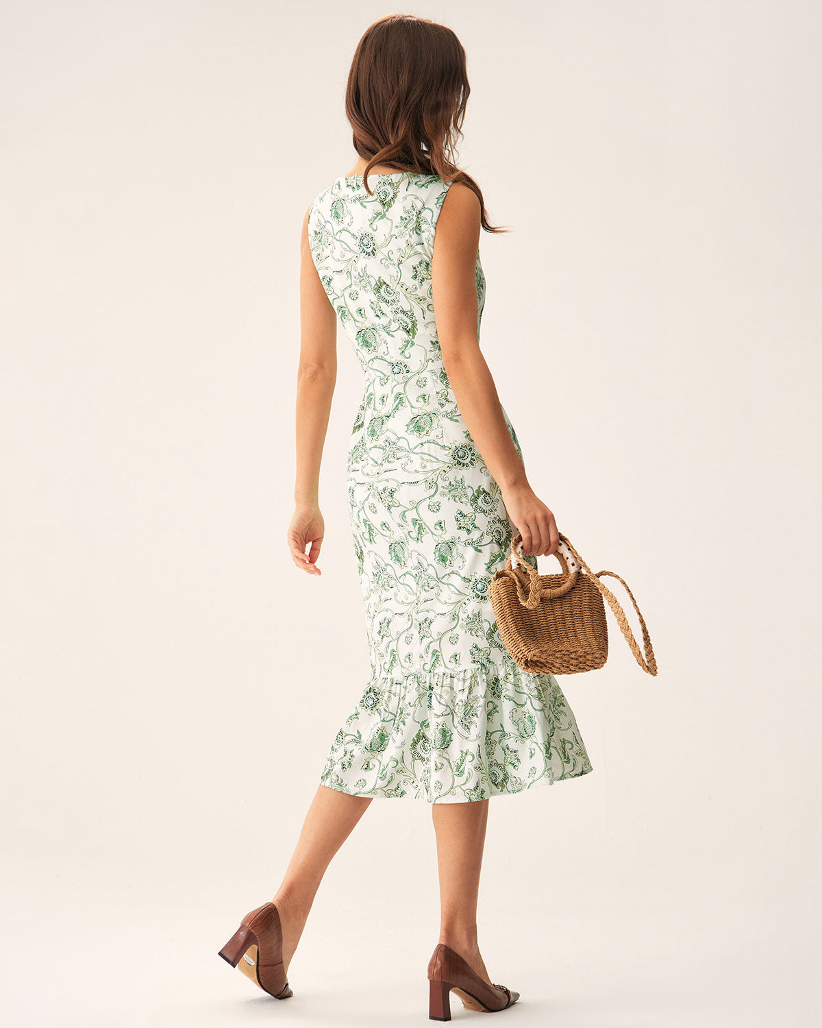 Green Floral Square Neck Midi Dress Green Floral Square Neck Midi Dress