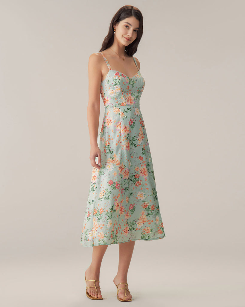 Green Floral Sweetheart Neck Slip Midi Dress