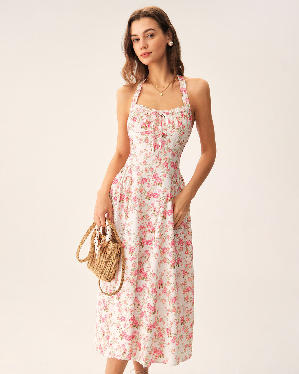 Pink Floral Halter Midi Dress Pink Floral Halter Midi Dress