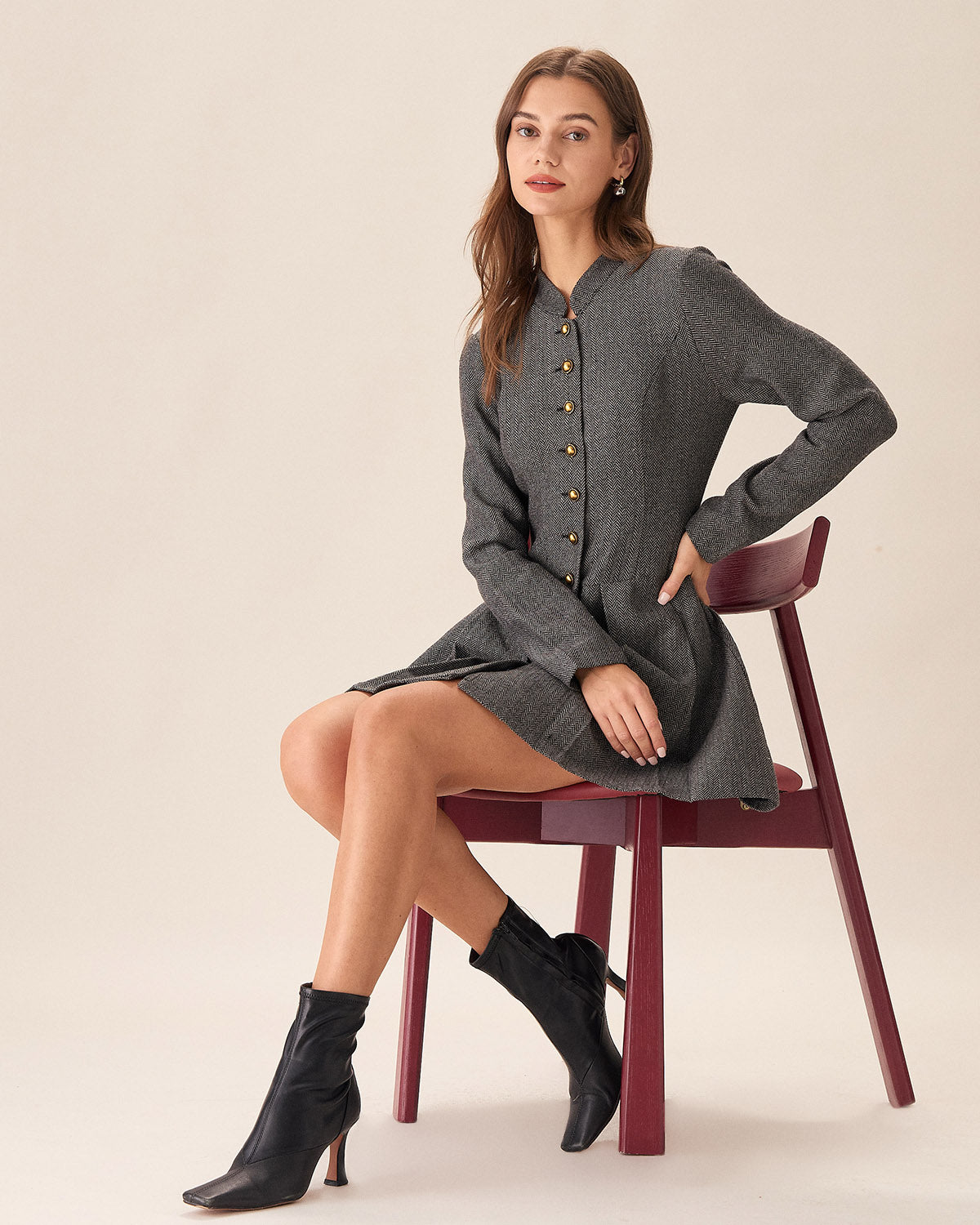 Grey Button Pleated Mini Dress & Reviews - Grey - Dresses