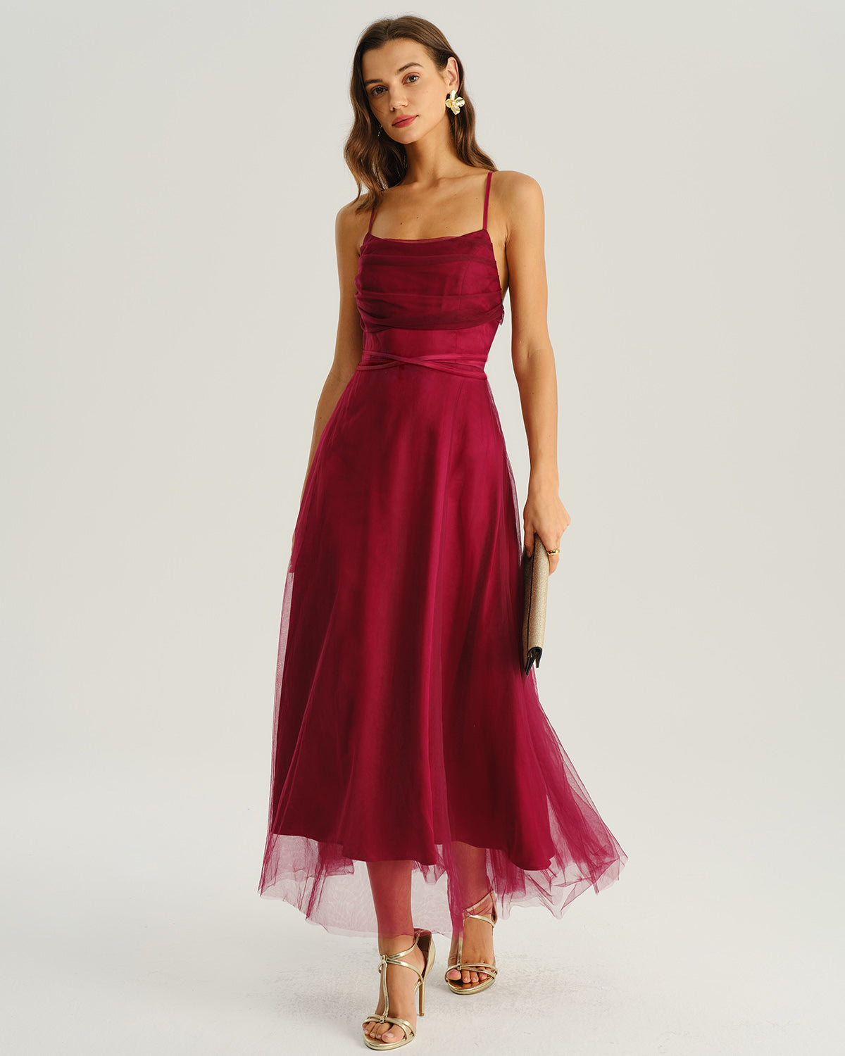 Rihoas Cowl Neck Tulle Midi Dress in Burgundy
