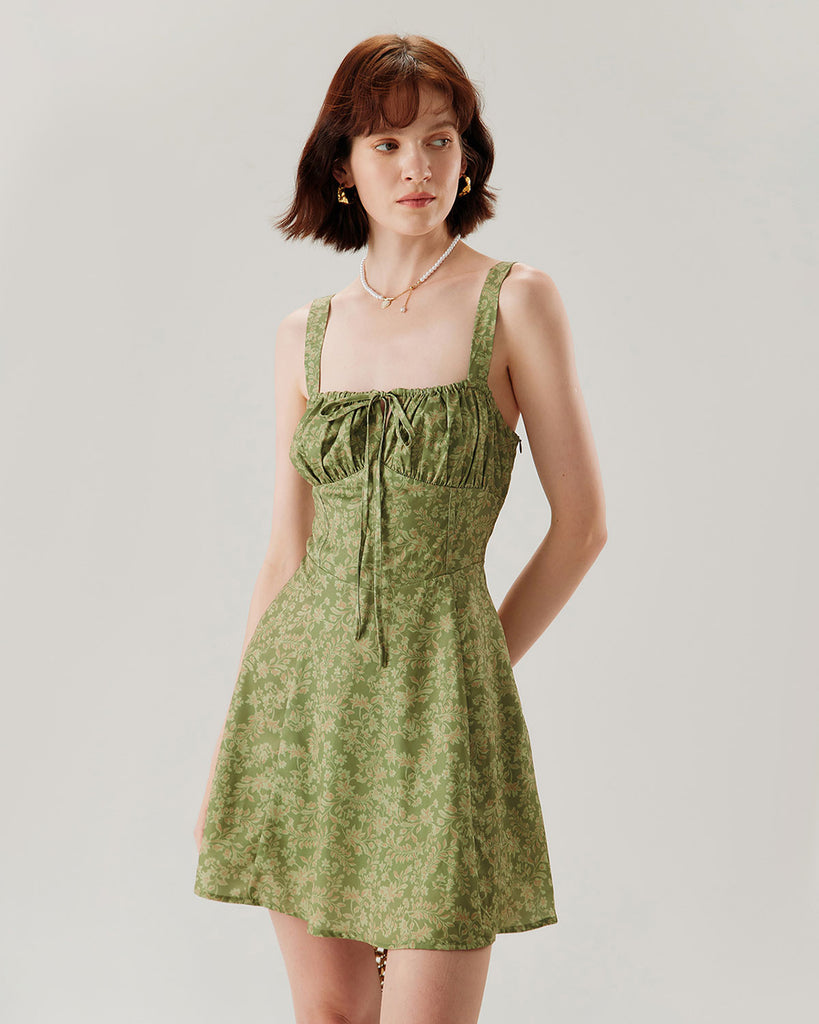 Green Floral Ruched Slip Mini Dress - RIHOAS