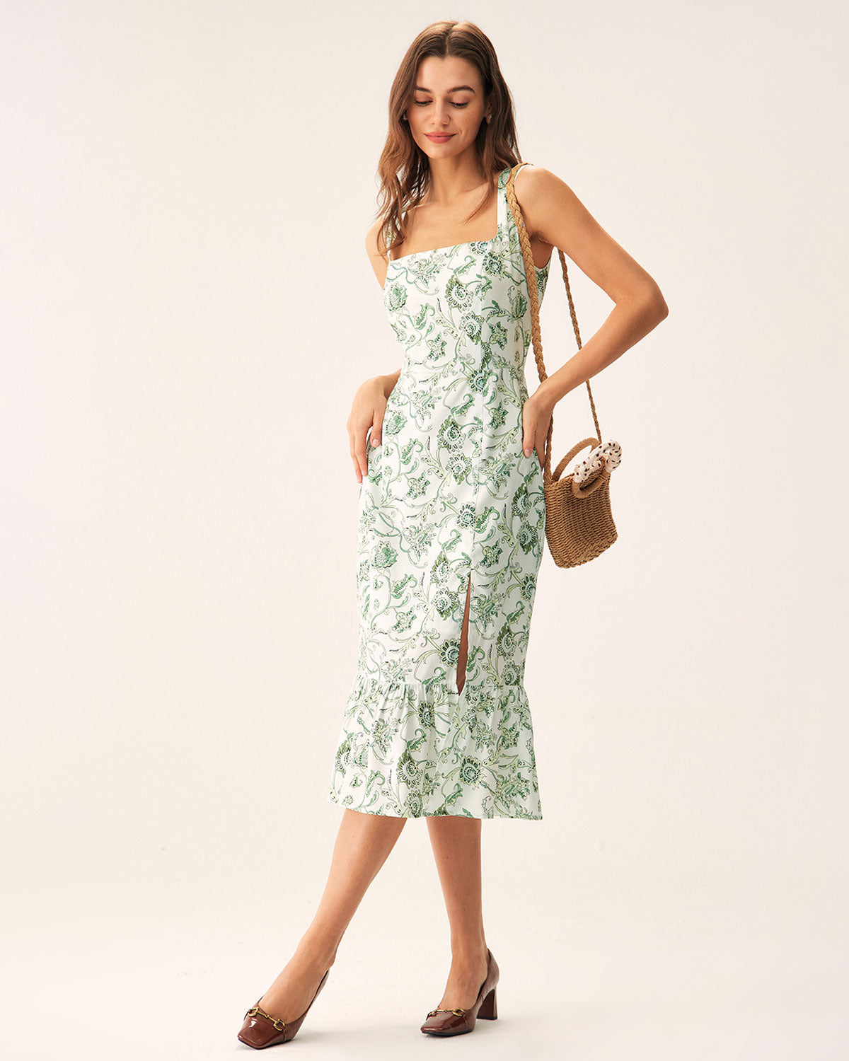 Green Floral Square Neck Midi Dress & Reviews - Green - Dresses | RIHOAS Green Floral Square Neck Midi Dress & Reviews - Green - Dresses | RIHOAS
