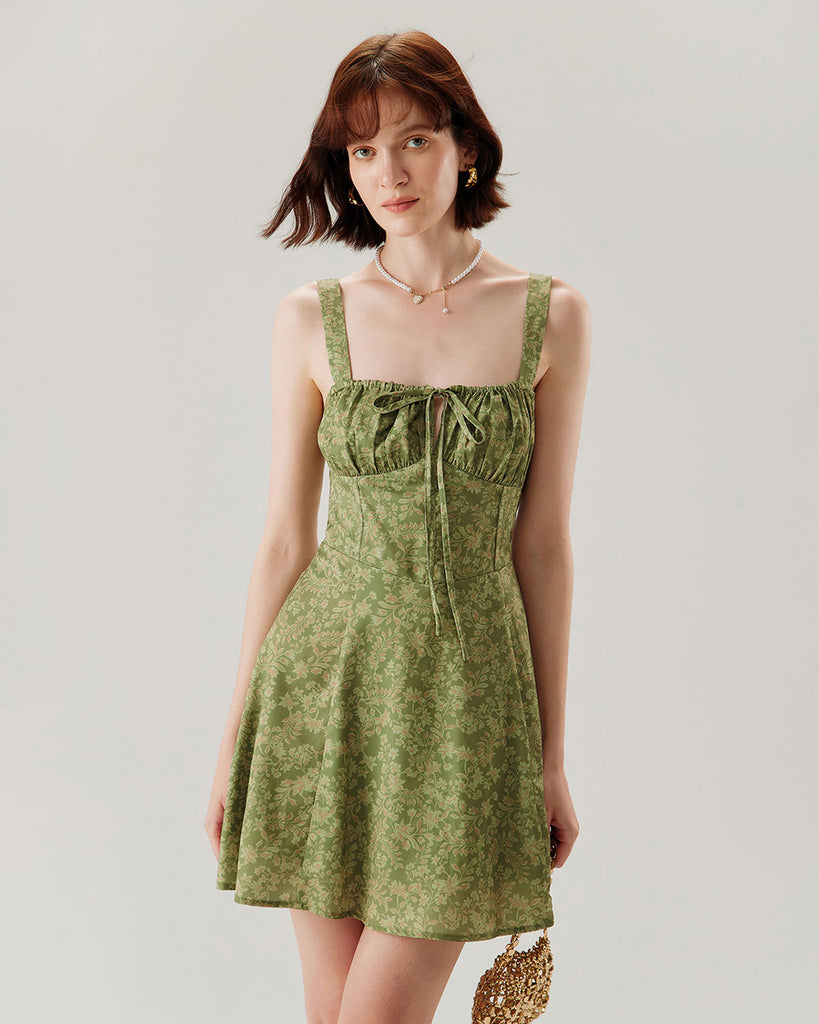 Green Floral Ruched Slip Mini Dress - RIHOAS