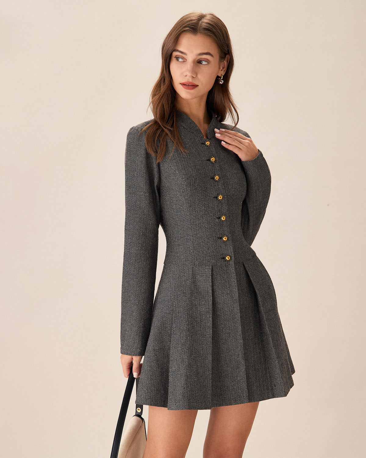 Grey Button Pleated Mini Dress & Reviews - Grey - Dresses | RIHOAS Grey Button Pleated Mini Dress & Reviews - Grey - Dresses | RIHOAS