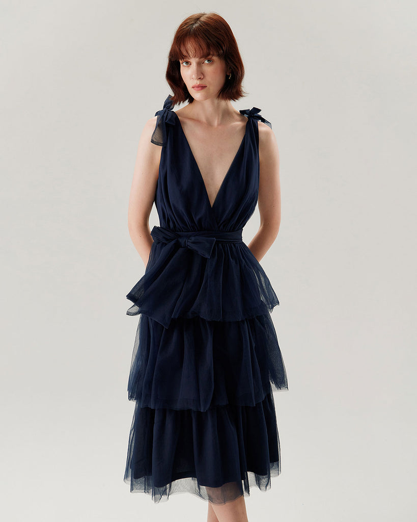 Navy Tiered Backless Maxi Dress - RIHOAS