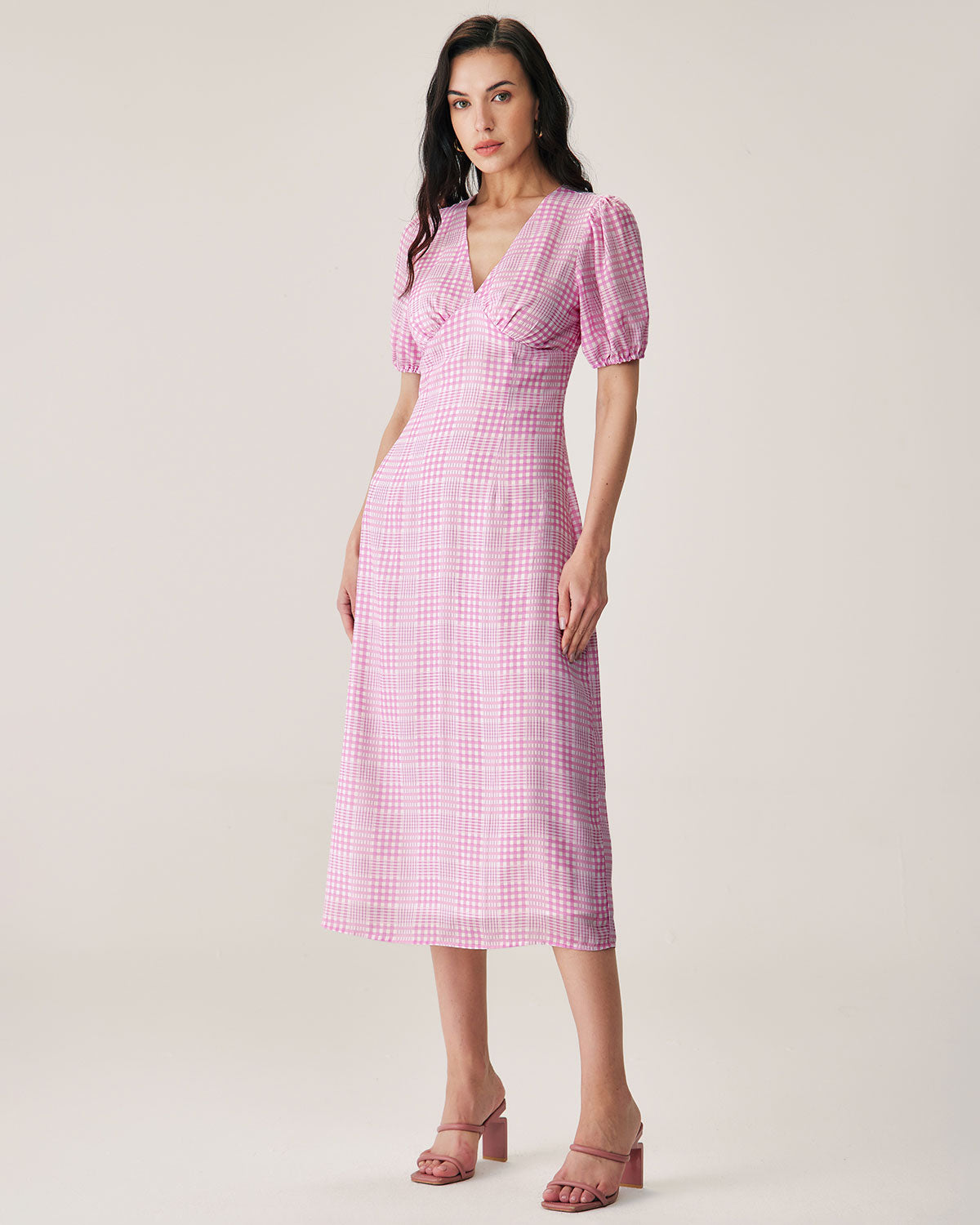 pink gingham dress womens Pink Plaid V-Neck Midi Dress & Reviews - Pink - Dresses