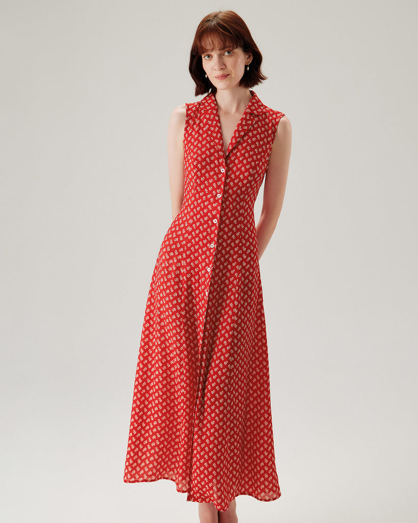 Red Floral Button Sleeveless Maxi Dress - RIHOAS