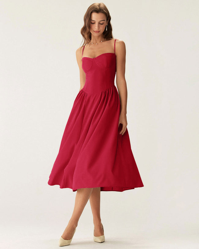 Women Woven Polyester Dresses Red Dresses - RIHOAS