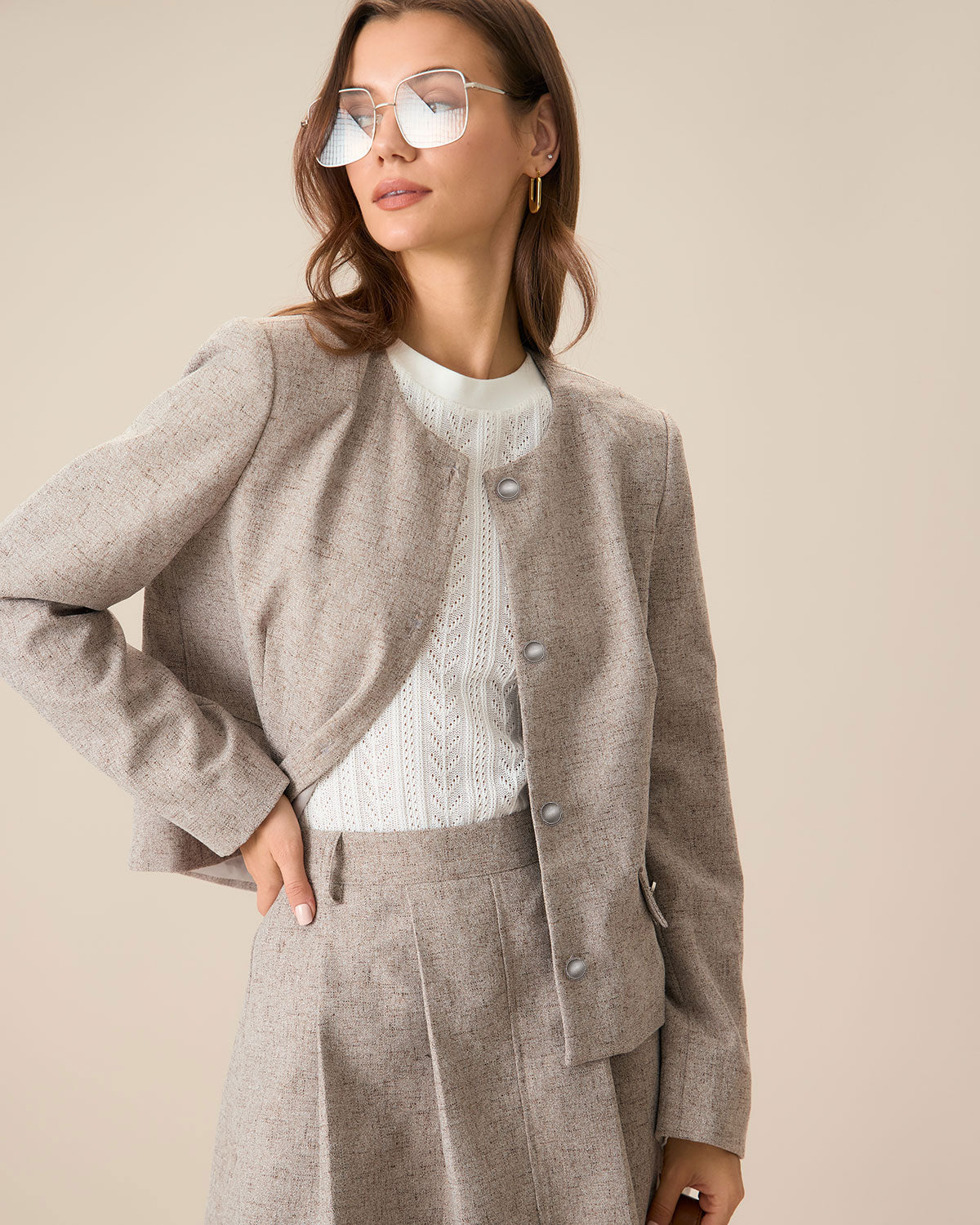 RIHOAS Round Neck Khaki Single-Breasted Jacket