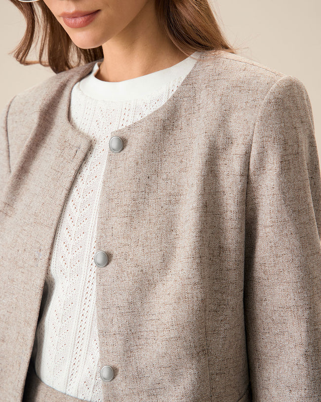 Women's Round Neck Khaki Single-Breasted Jacket & Reviews