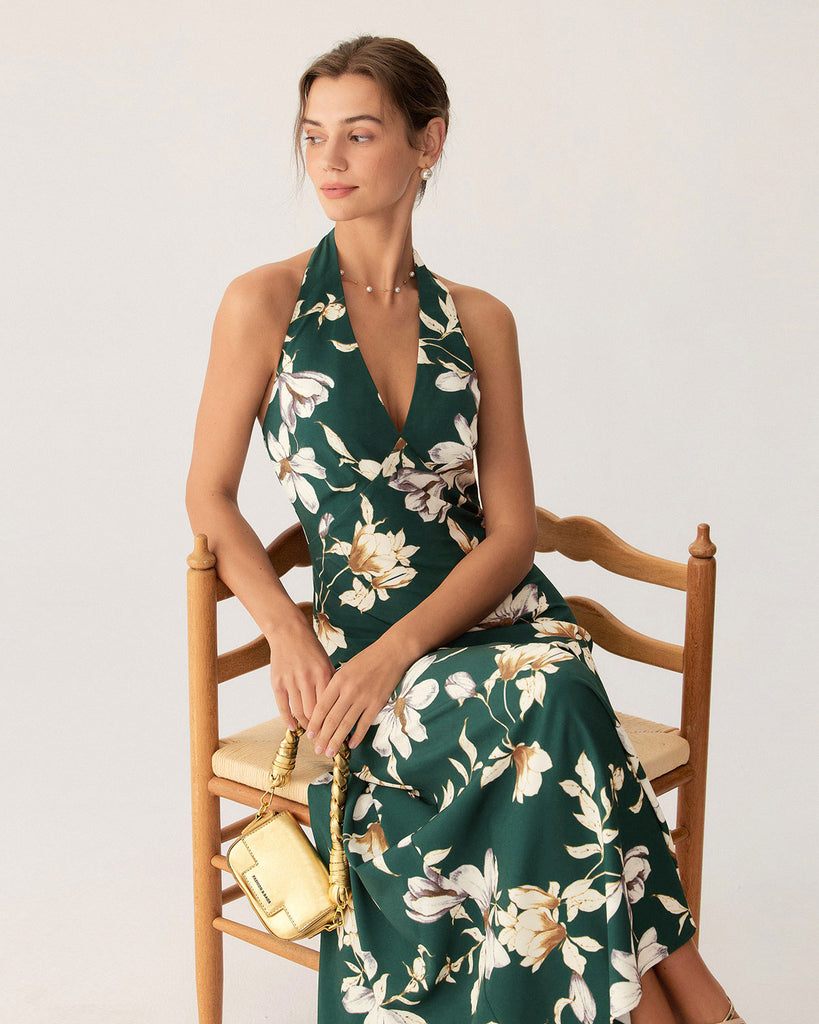 Green Floral Halter Maxi Dress - RIHOAS