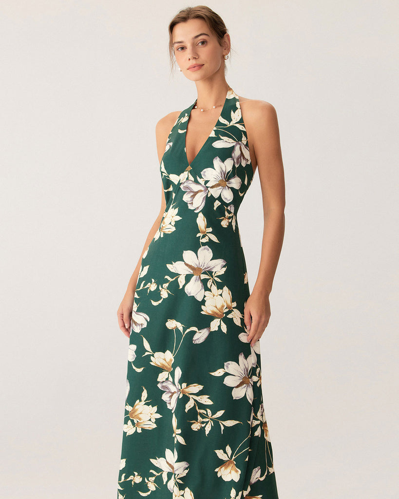 Green Floral Halter Maxi Dress - RIHOAS