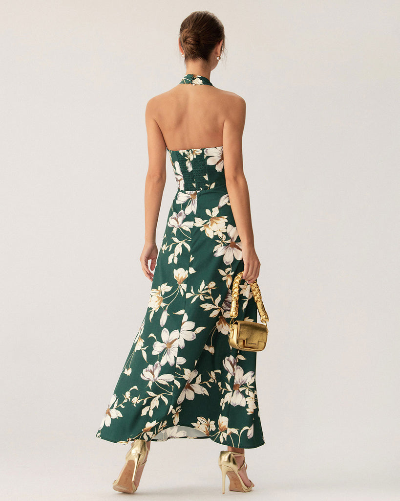 Green Floral Halter Maxi Dress - RIHOAS