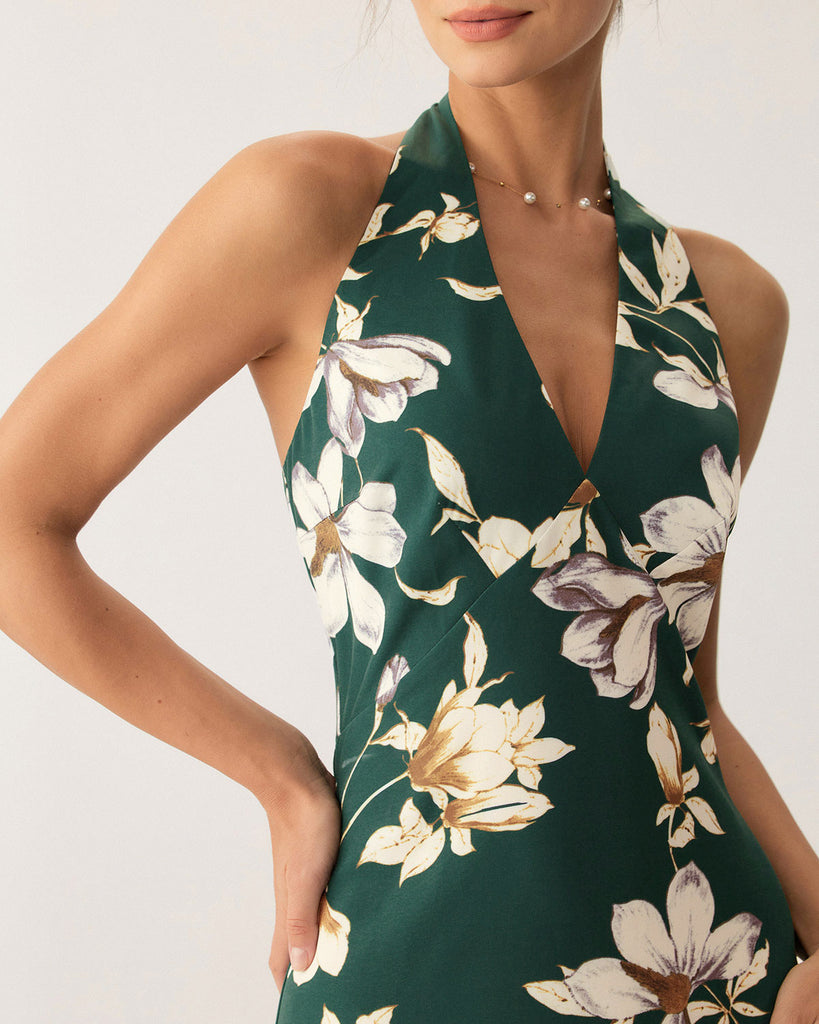 Green Floral Halter Maxi Dress - RIHOAS