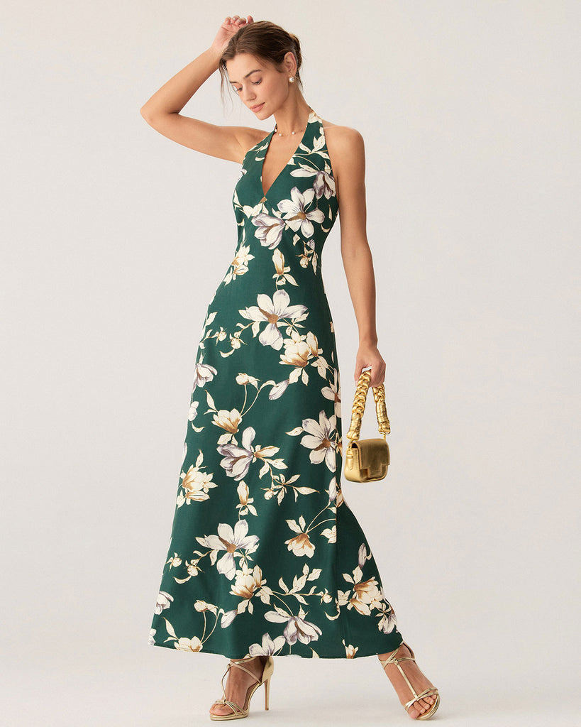 Green Floral Halter Maxi Dress - RIHOAS