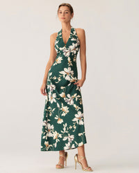Green Floral Halter Maxi Dress - RIHOAS