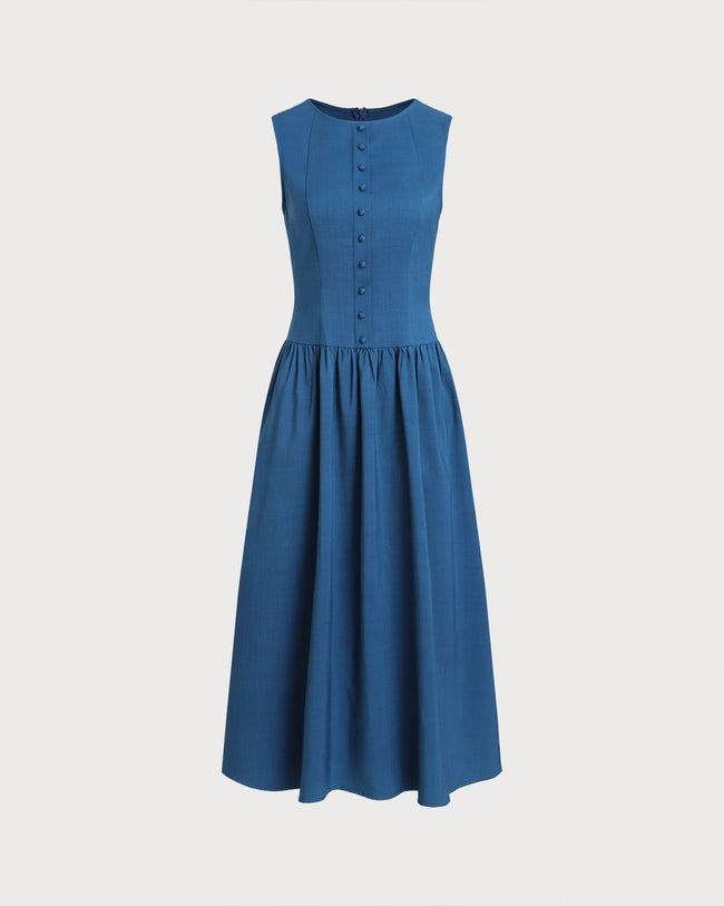 Women Woven Polyester Midi Dresses Blue Dresses - RIHOAS