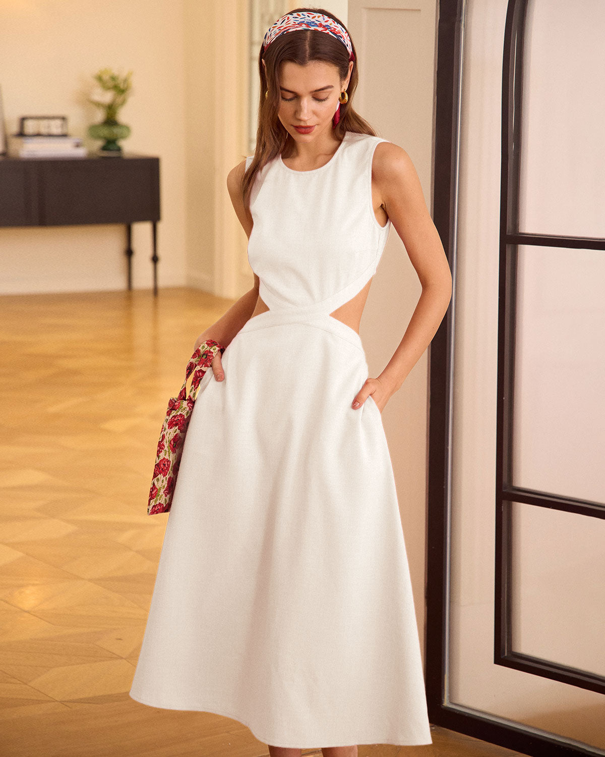 White Cutout Sleeveless Midi Dress - RIHOAS