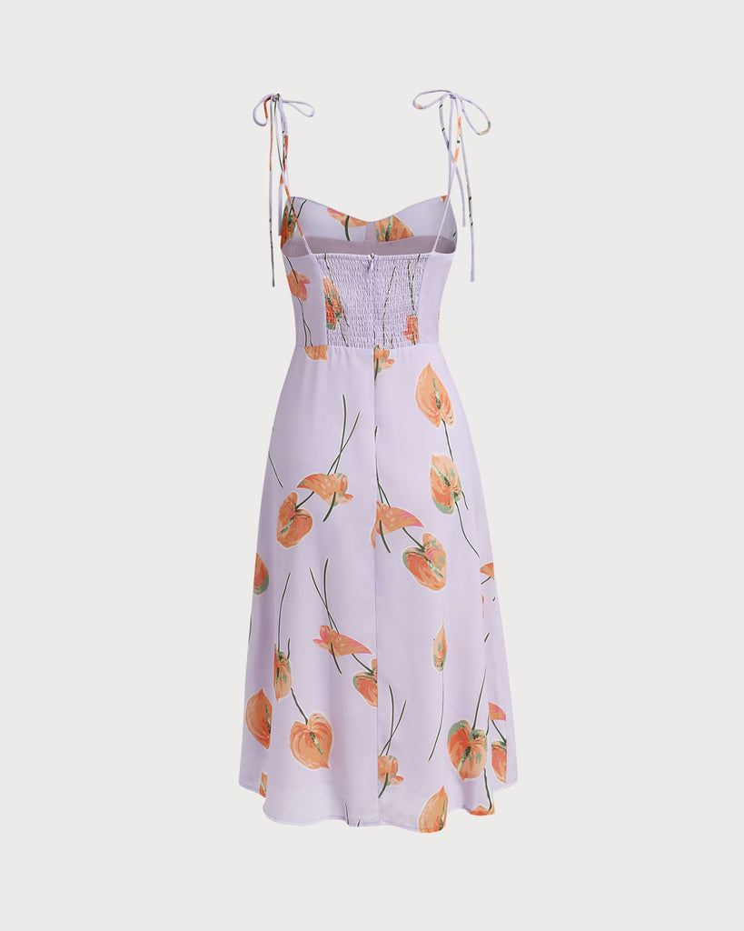 Purple Floral Slit Tie Strap Midi Dress