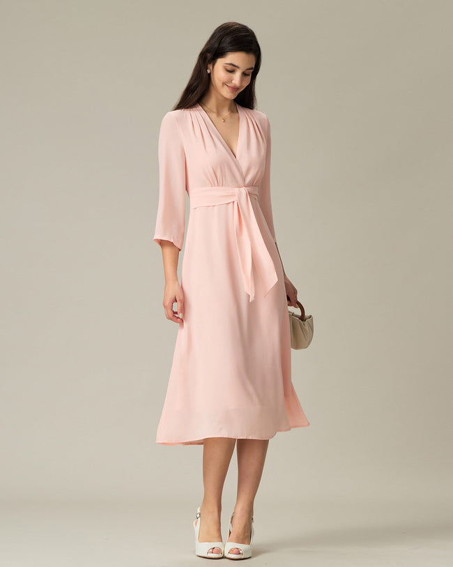 Women Woven Polyester Midi Dresses Pink Dresses - RIHOAS