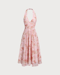 Pink Floral Halter Backless Midi Dress - RIHOAS