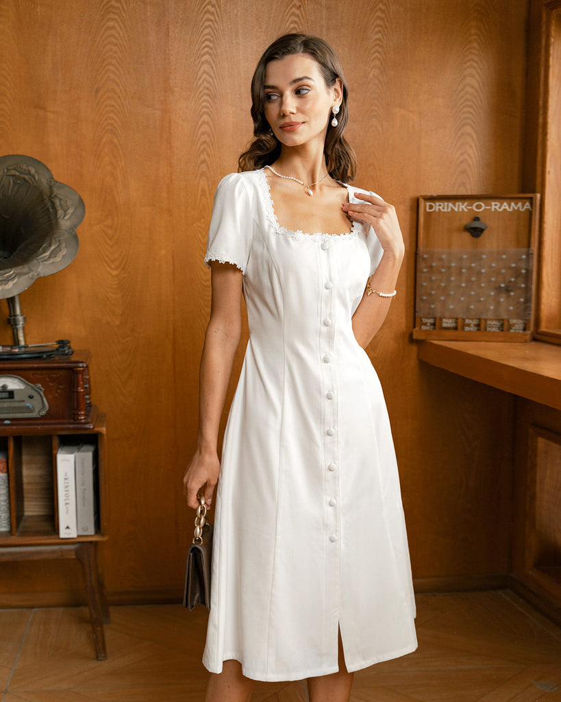 Women Woven Polyester Midi Dresses White Dresses - RIHOAS