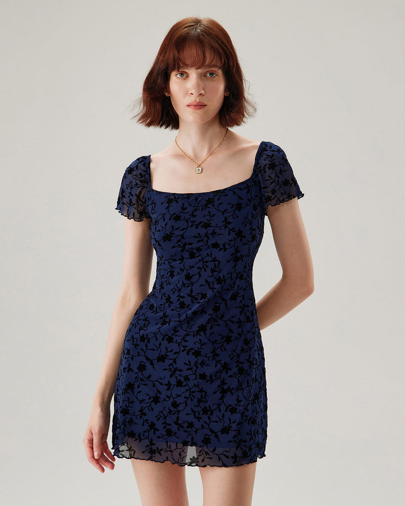 Blue Floral Square Neck Mesh Mini Dress - RIHOAS