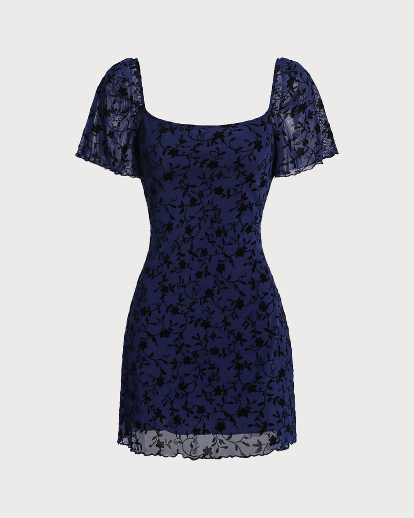 Blue Floral Square Neck Mesh Mini Dress - RIHOAS