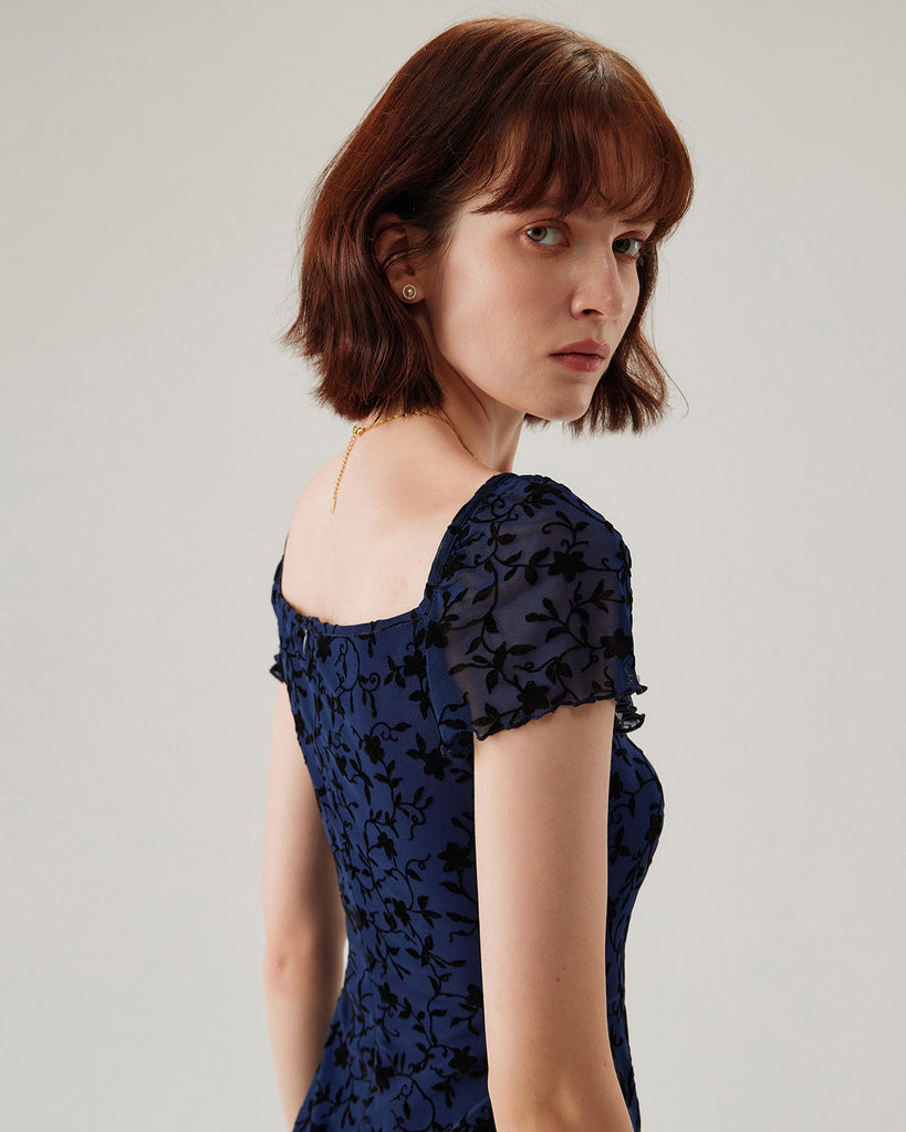 Blue Floral Square Neck Mesh Mini Dress - RIHOAS