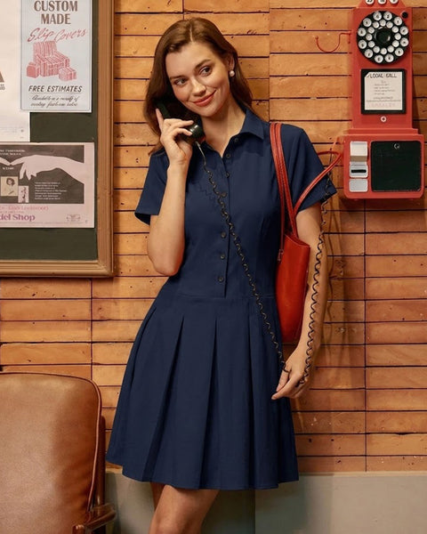 navy blue mini dress formal Short Sleeve Mini Monique Dress in Navy/ Ivory Knit | M main image 1