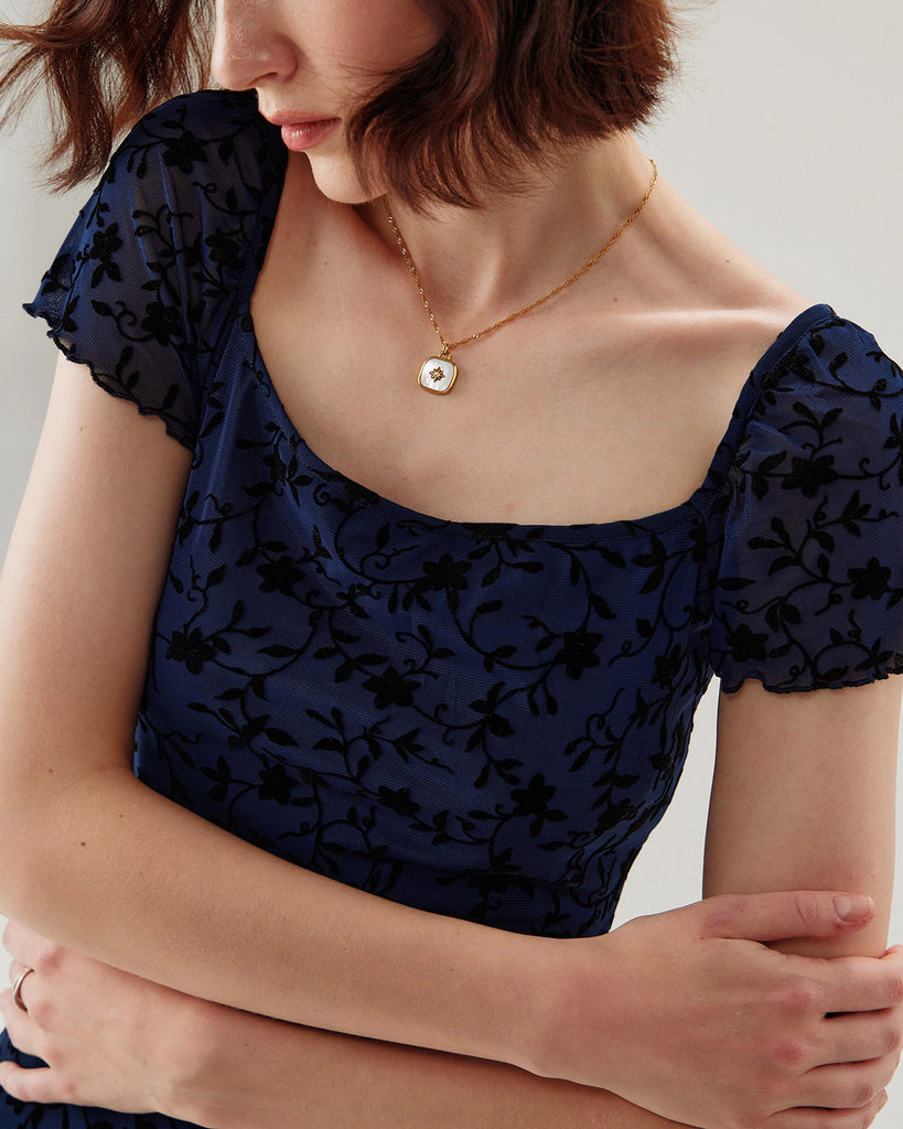 Blue Floral Square Neck Mesh Mini Dress - RIHOAS