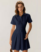 Navy Button Pleated Mini Dress - RIHOAS