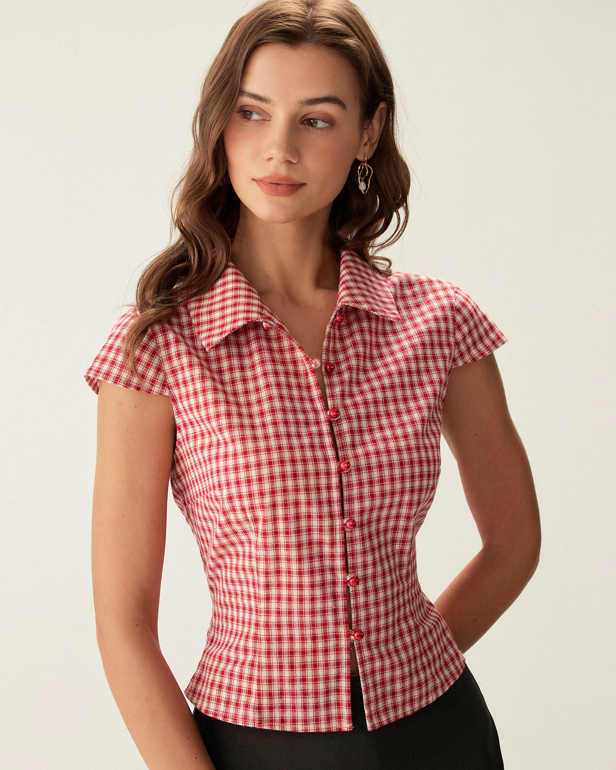 Red Plaid Cap Sleeve Button Blouse - RIHOAS