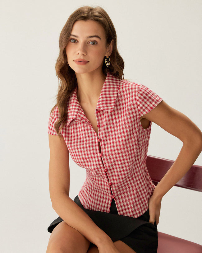 Red Plaid Cap Sleeve Button Blouse - RIHOAS