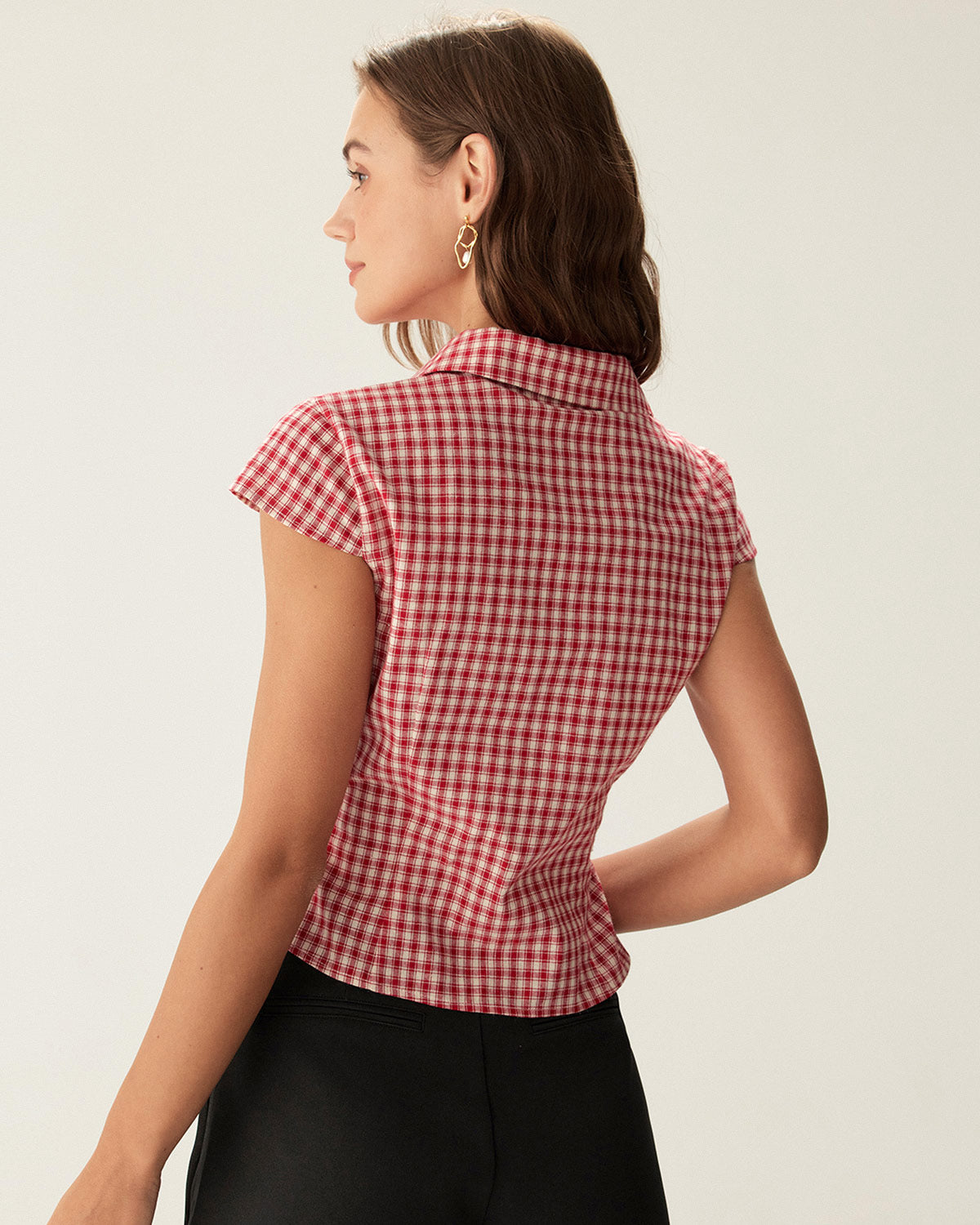 Red Plaid Cap Sleeve Button Blouse - RIHOAS