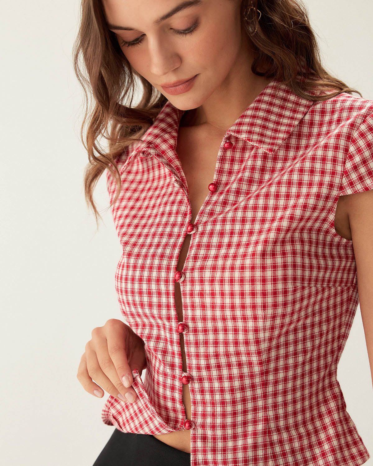 Red Plaid Cap Sleeve Button Blouse - RIHOAS